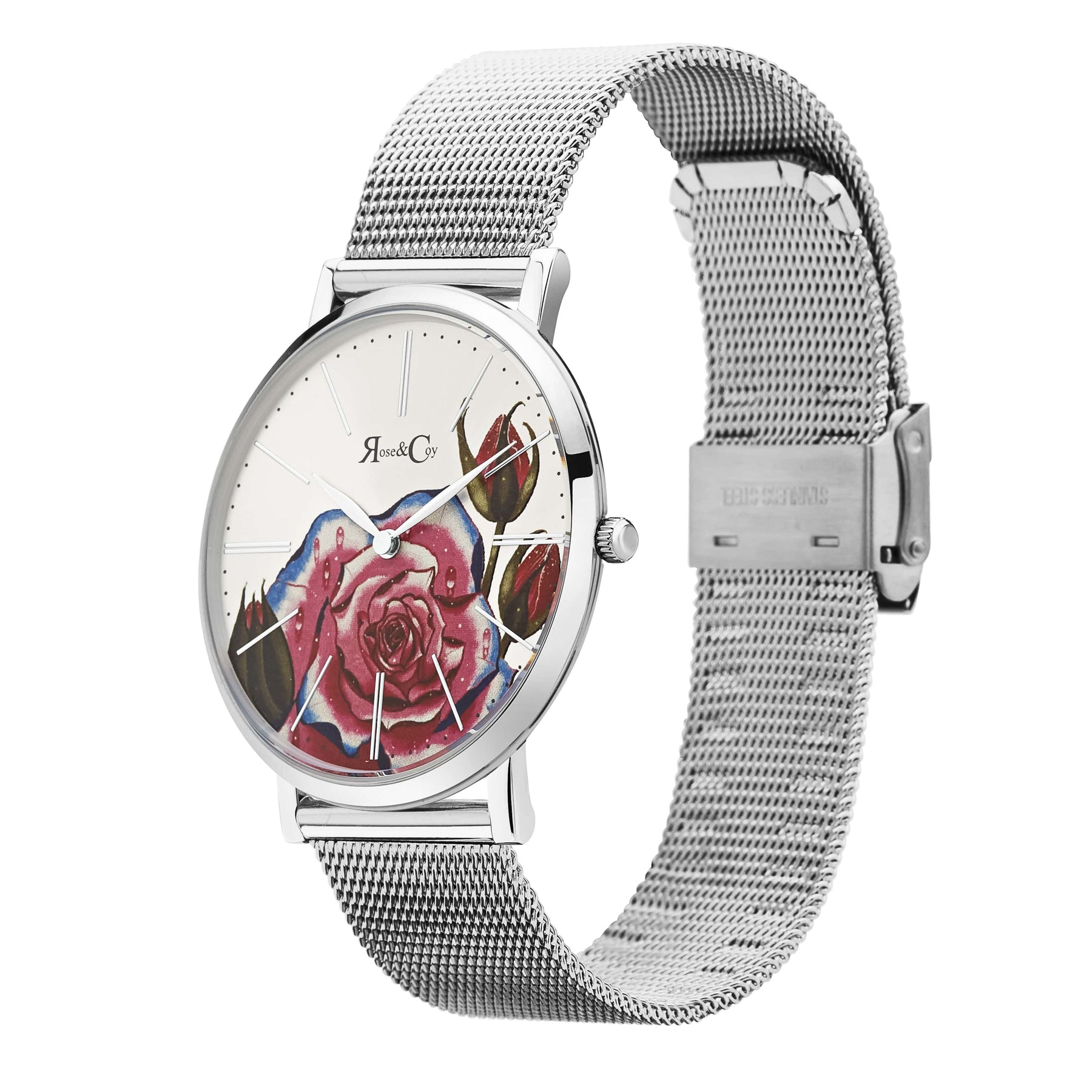 Art Series Pink Rose Ultra Slim 40mm Silver Mesh Watch