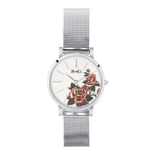 Art Series Pink Rose Ultra Slim 30mm Silver Mesh Watch