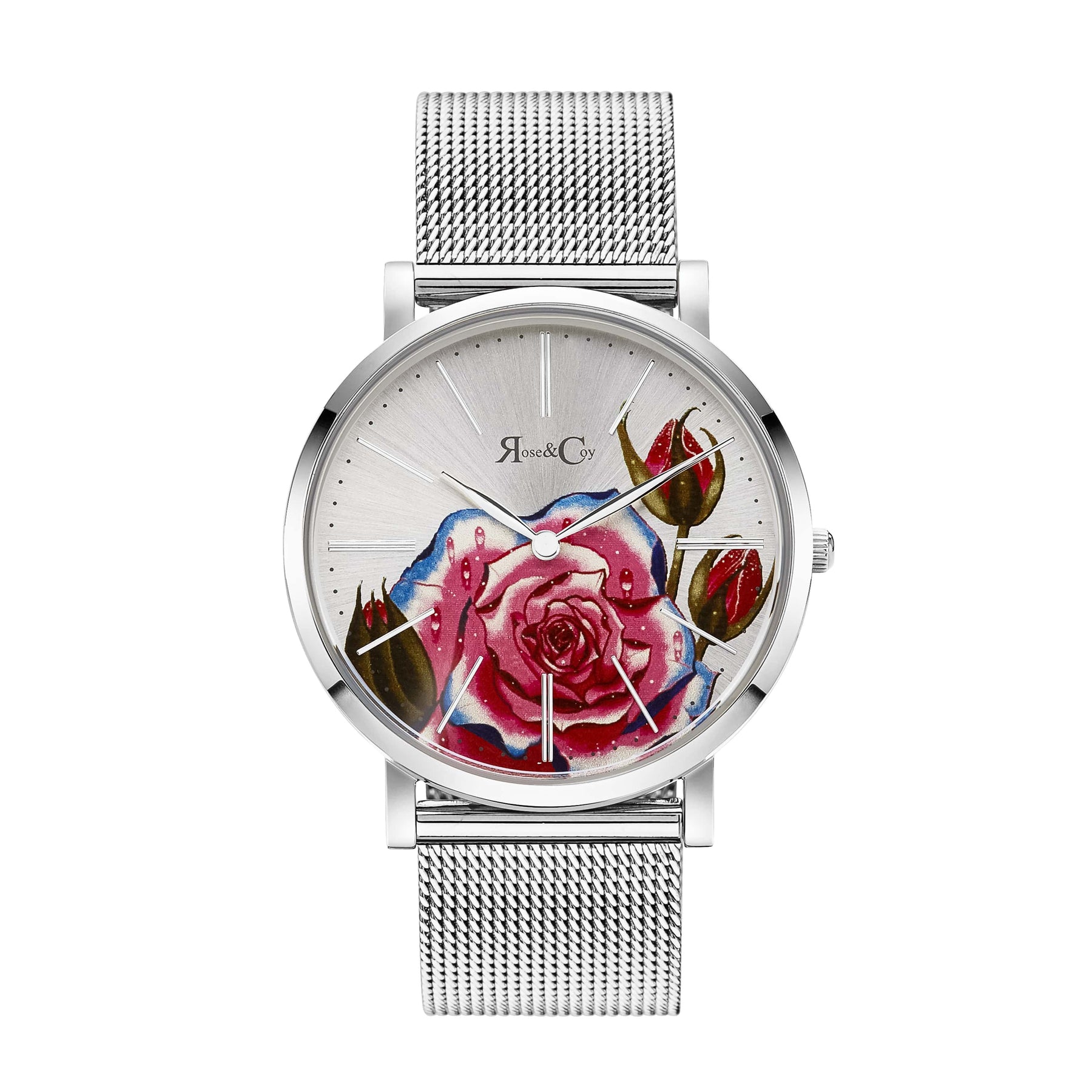 Art Series Pink Rose Ultra Slim 40mm Silver Mesh Watch